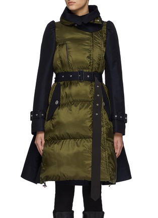 Main View - Click To Enlarge - SACAI - Belted Trench Detailing Appliqued Asymmetric Long Puffer Coat