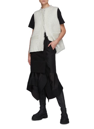 Figure View - Click To Enlarge - SACAI - Frayed Trim Open Cape Back Canvas Tweed Vest