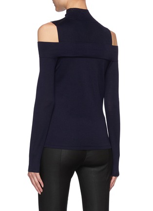 Back View - Click To Enlarge - THEORY - Cold Shoulder Long Sleeved Turtleneck Wool Blend Knit Top
