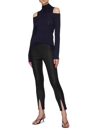 Figure View - Click To Enlarge - THEORY - Cold Shoulder Long Sleeved Turtleneck Wool Blend Knit Top
