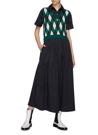 Figure View - Click To Enlarge - STAUD - Cotton Poplin Shirt Dress with Compact Knit Argyle Vest