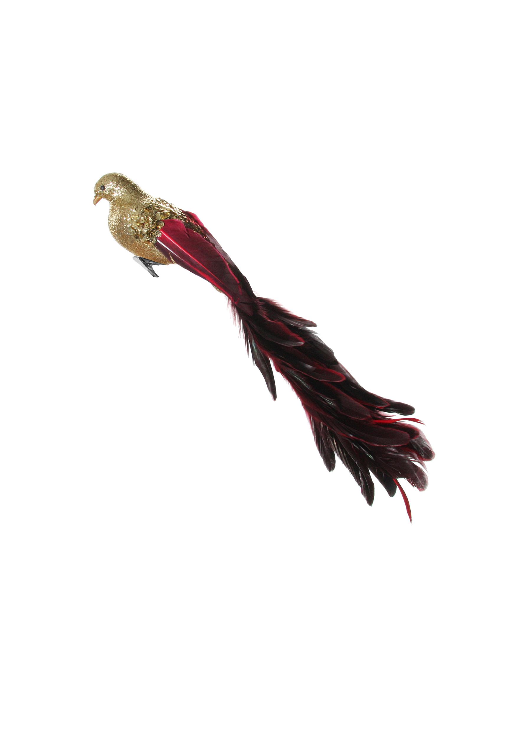 Glitter Sequin Feather Bird Ornament - Red/Gold