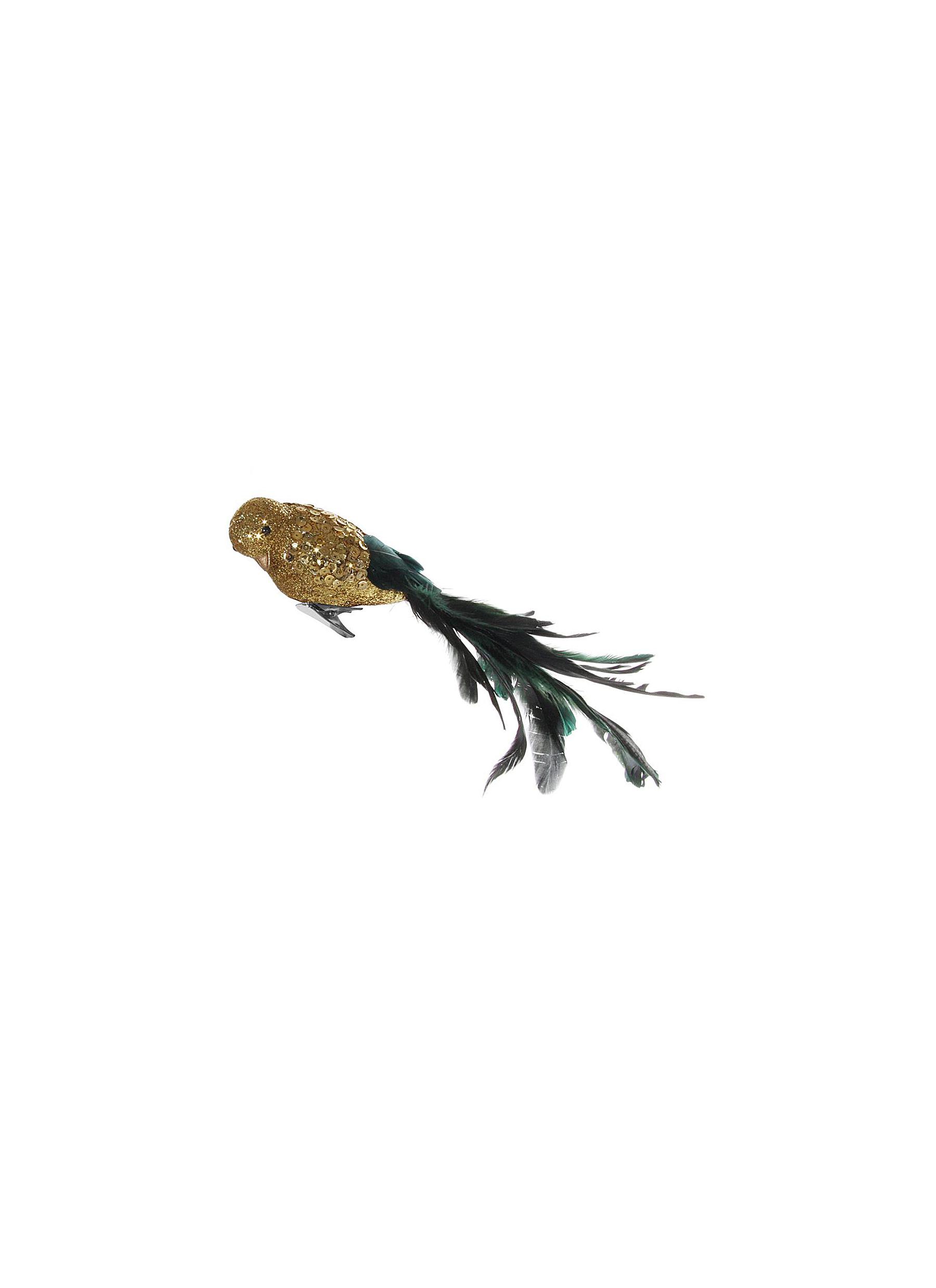 Glitter Sequin Feather Bird Ornament - Dark Green/Gold