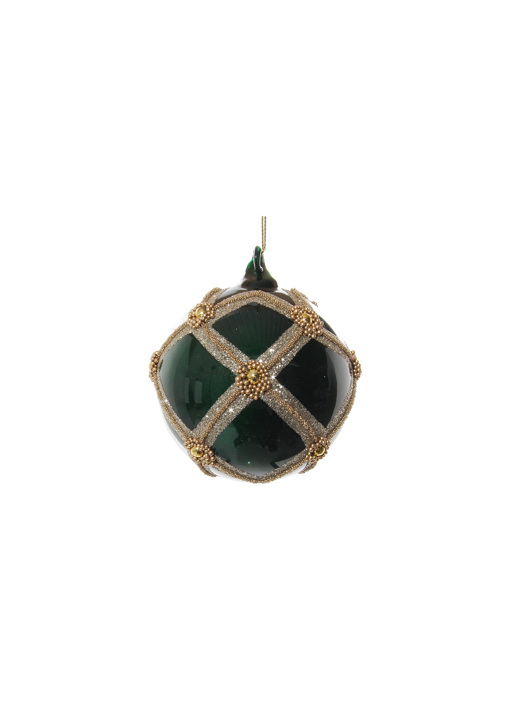 Bead Glitter Grid Glass Ball Ornament - Dark Green/Gold