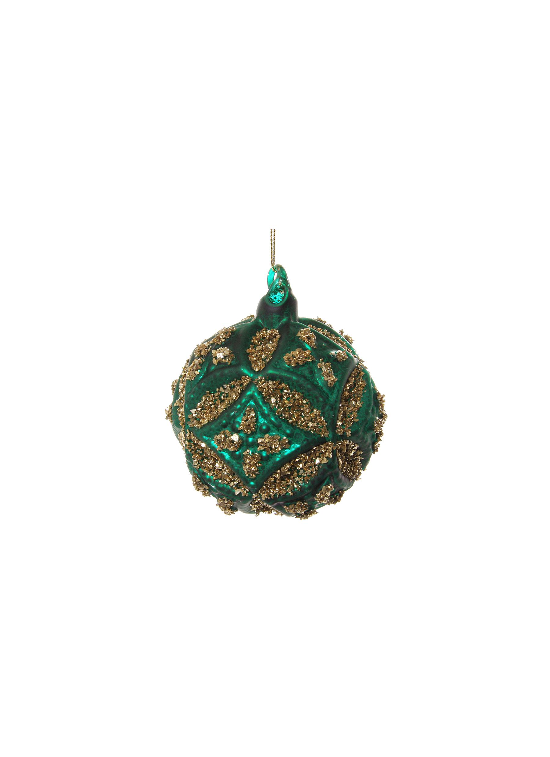 Glitter Floral Accent Antique Glass Ball Ornament - Green/Gold