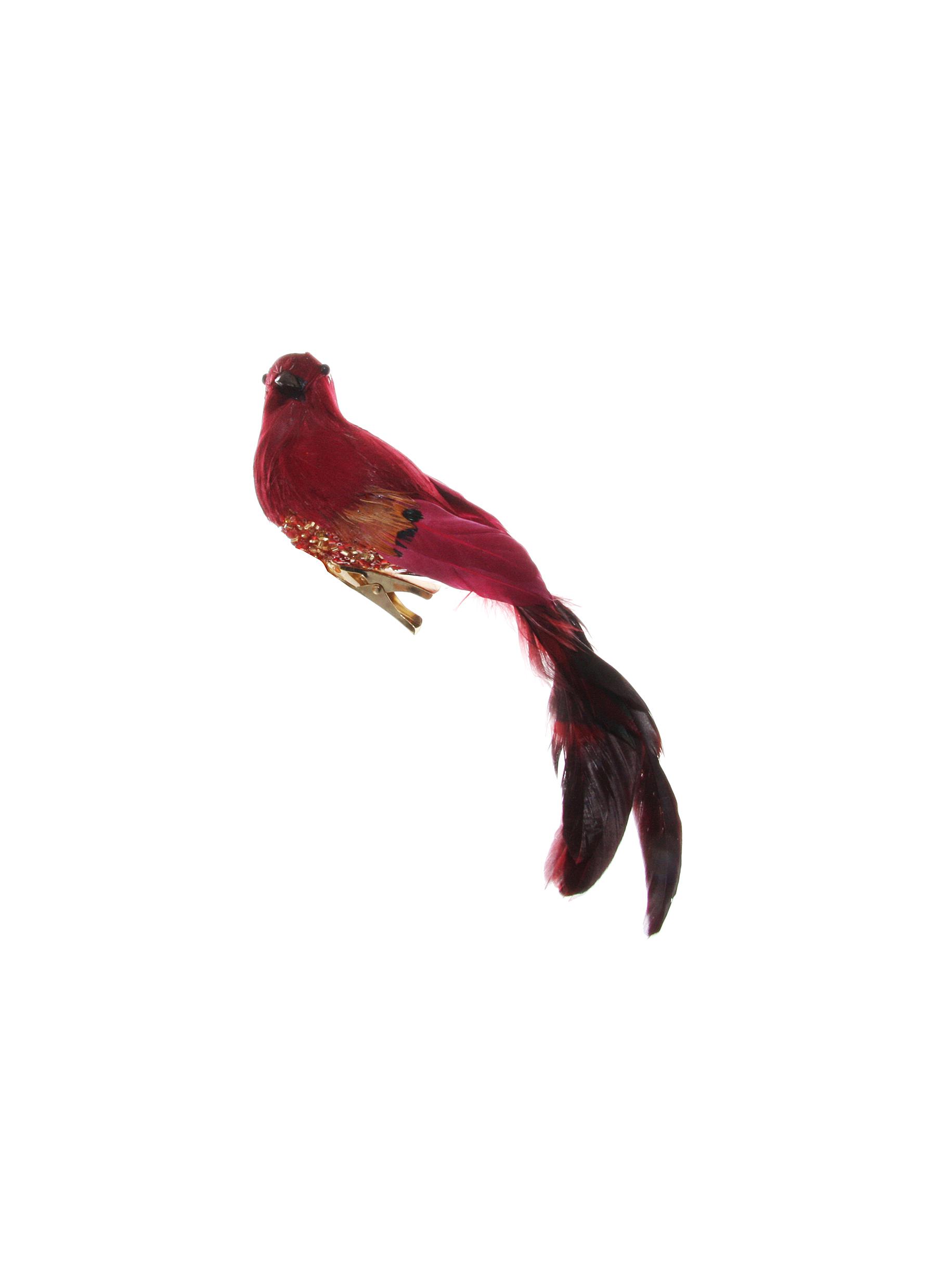 Feather Tail Beaded Body Bird Ornament - Burgundy/Gold