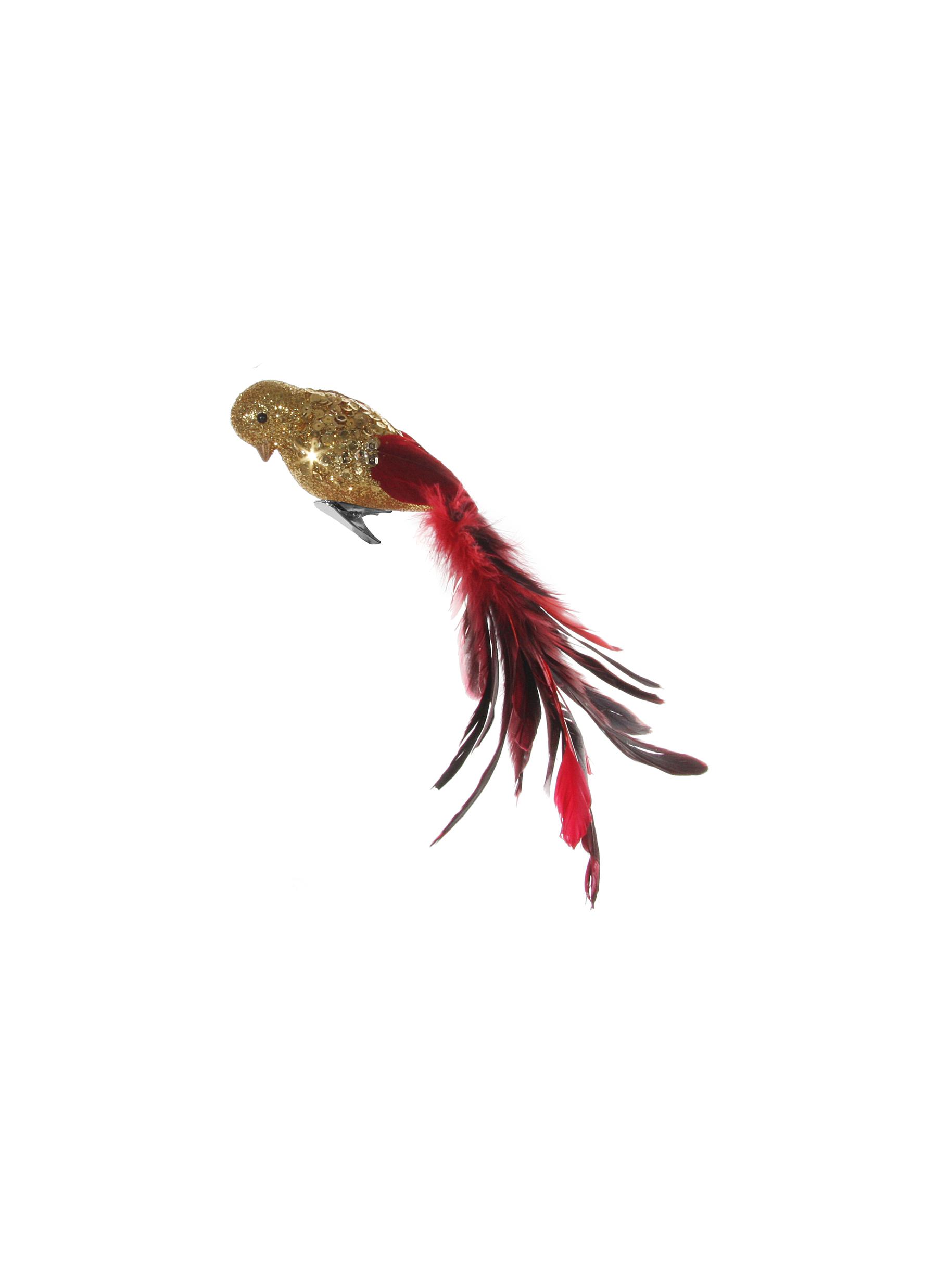 Glitter Feather Tail Bird Ornament - Red/Gold
