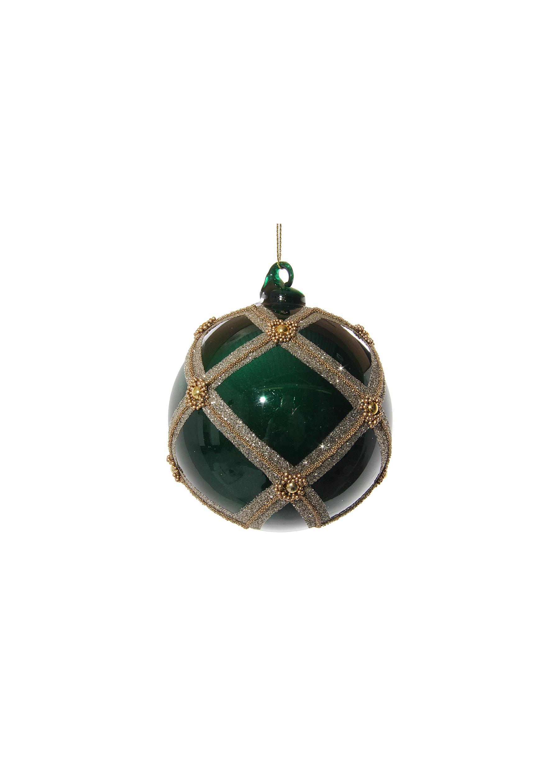 Bead Glitter Grid Glass Ball Ornament - Green/Gold