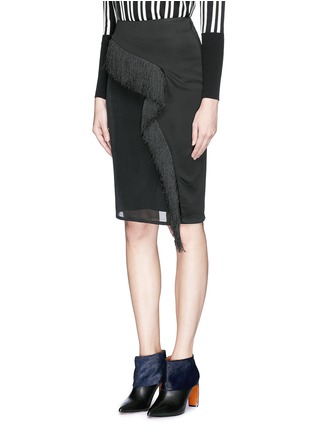 Front View - Click To Enlarge - MO&CO. EDITION 10 - Asymmetric fringe mesh twill pencil skirt