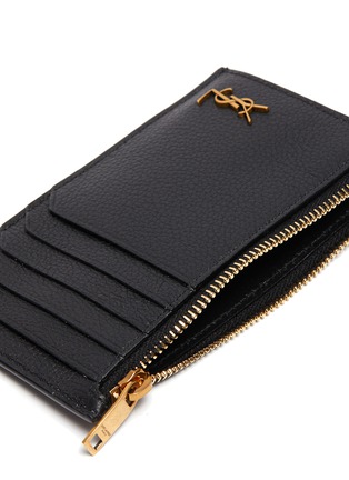 Detail View - Click To Enlarge - SAINT LAURENT - Gold Toned Logo Appliqued Gained Leather Cardholder
