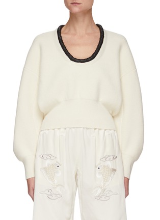 Main View - Click To Enlarge - ALEXANDER WANG - Scoop Neck Ruched Leather Trim Sweater