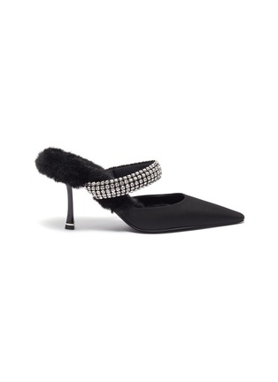 Main View - Click To Enlarge - ALEXANDER WANG - Grace' Clear Crystal Embellished Strap Furry Sole Mules