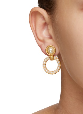 Figure View - Click To Enlarge - LANE CRAWFORD VINTAGE ACCESSORIES - Swarovski Faux Pearl Gold Toned Small Hoop Clip Earrings