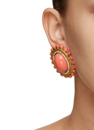 Figure View - Click To Enlarge - LANE CRAWFORD VINTAGE ACCESSORIES - Faux Coral Diamanté Gold Toned Oval Clip Earrings
