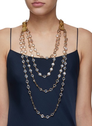 Figure View - Click To Enlarge - LANE CRAWFORD VINTAGE ACCESSORIES - Round Crystal Appliqued Four Strand Gold Toned Necklace
