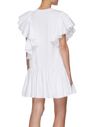 Back View - Click To Enlarge - ALEXANDER MCQUEEN - Asymmetric Ruffle Sleeve Cotton Shift Dress
