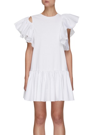 Main View - Click To Enlarge - ALEXANDER MCQUEEN - Asymmetric Ruffle Sleeve Cotton Shift Dress