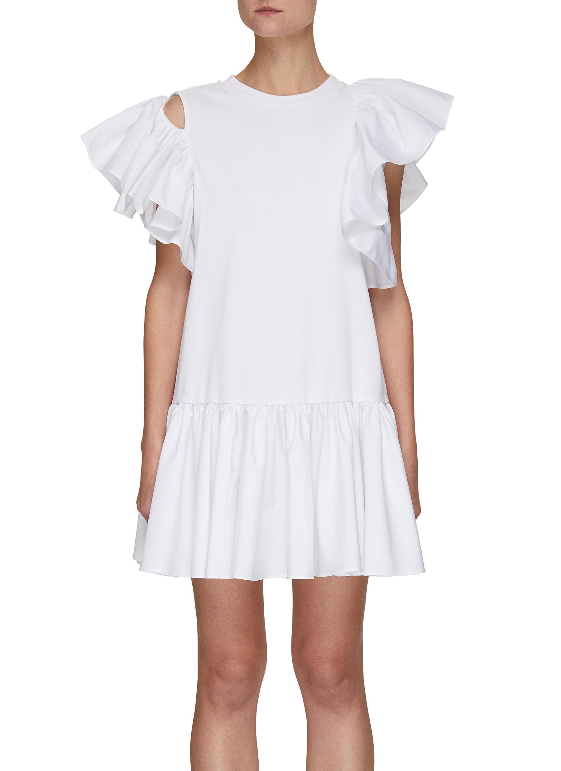 white ruffle shift dress