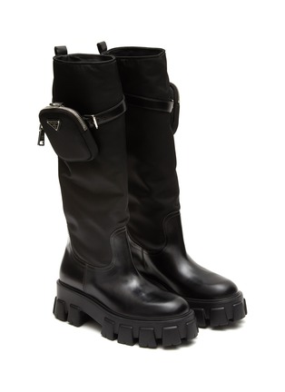 Detail View - Click To Enlarge - PRADA - Nylon Shaft Leather Tall Riding Boots With Mini Pouch