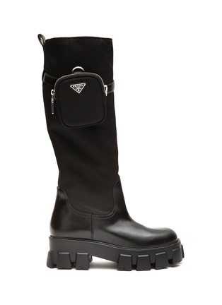 Main View - Click To Enlarge - PRADA - Nylon Shaft Leather Tall Riding Boots With Mini Pouch