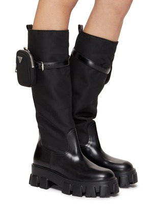 Figure View - Click To Enlarge - PRADA - Nylon Shaft Leather Tall Riding Boots With Mini Pouch