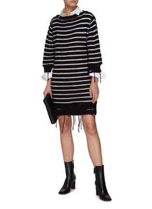 Figure View - Click To Enlarge - MM6 MAISON MARGIELA - Distressed Striped Cotton Blend Knit Dress
