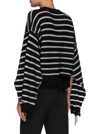 Back View - Click To Enlarge - MM6 MAISON MARGIELA - Distressed Raw Edge Striped Cotton Linen Blend Sweater