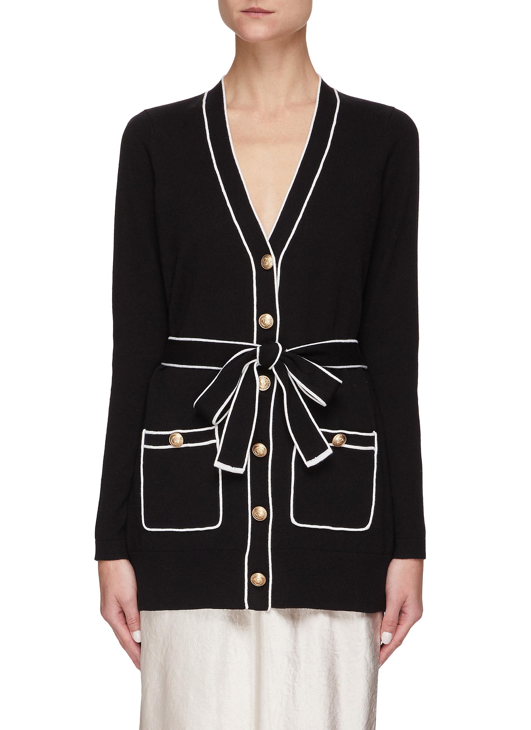 L'AGENCE 'Ronny' Belted Piped Merino Wool Cardigan