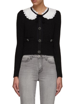 Main View - Click To Enlarge - SELF-PORTRAIT - LUREX' CONTRAST LACE TRIM COLLAR CROPPED CARDIGAN