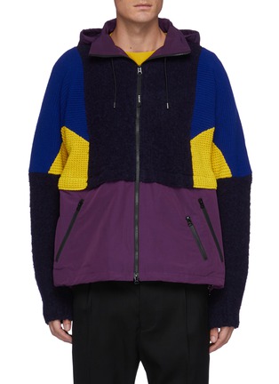 Main View - Click To Enlarge - SACAI - Wool Blend Knit Panelled Packable Hood Zip Up Jacket
