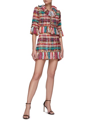 Figure View - Click To Enlarge - AREA - Crystal Embellished Fringe Hem Check Tweed Mini Skirt