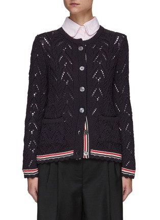 Main View - Click To Enlarge - THOM BROWNE  - Scallop-Trim Pointelle Cable Crew Neck Cardigan