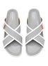 Detail View - Click To Enlarge - THOM BROWNE  - Tricolour enamel tab crisscross leather slides