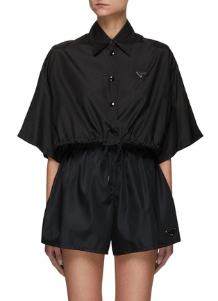 Main View - Click To Enlarge - PRADA - Logo Appliqué Drawstring Hem Silk Bowling Shirt