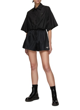 Figure View - Click To Enlarge - PRADA - Logo Appliqué Drawstring Hem Silk Bowling Shirt