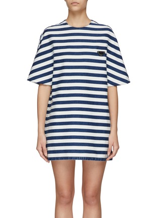 Main View - Click To Enlarge - PRADA - ‘Mariniere’ Logo Appliqued Stripe Denim Mini Dress
