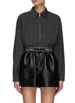 Main View - Click To Enlarge - MIU MIU - LONG SLEEVES ELASTIC LOGO HEM CHECKED CROPPED BLOUSON