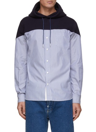 Main View - Click To Enlarge - SACAI - Hybrid Hoodie Contrast Chest Panel Striped Cotton Shirt