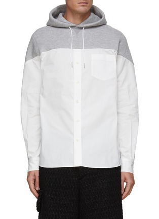 Main View - Click To Enlarge - SACAI - Hybrid Hoodie Contrast Chest Panel Cotton Shirt