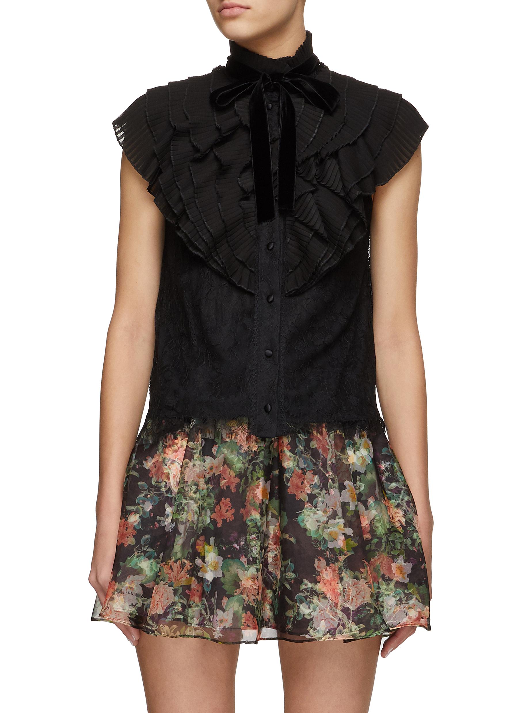 Alice And Olivia Remington' Lace Button Up Ruffle Blouse In Black
