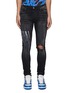 Main View - Click To Enlarge - AMIRI - PAINT DRIP LOGO EMBROIDERED DARK WASH RIPPED KNEE SKINNY JEANS