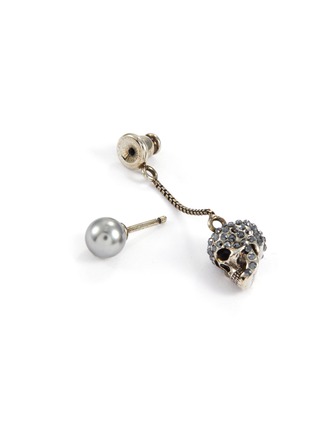 Detail View - Click To Enlarge - ALEXANDER MCQUEEN - Drop Stone Encrusted Brass Skull Pearl Earrings