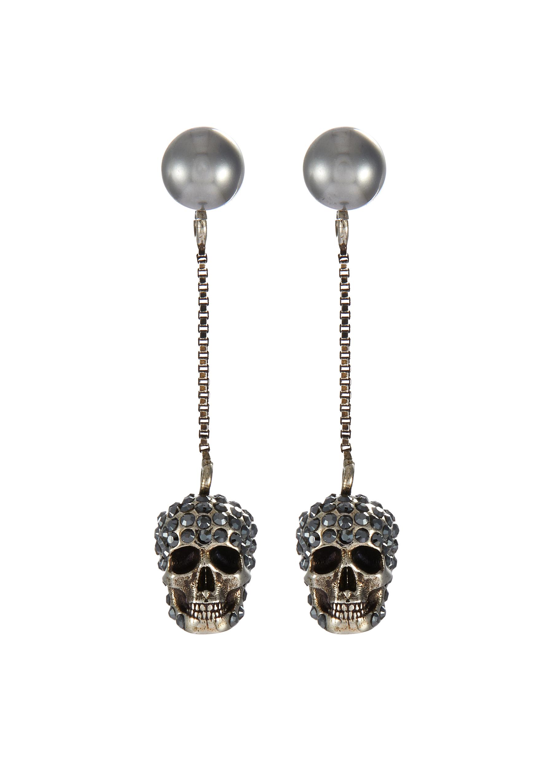 ALEXANDER MCQUEEN Drop Stone Encrusted Brass Skull Pearl Earrings