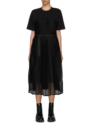 Main View - Click To Enlarge - MONCLER - BELTED SHORT SLEEVE LAYERED MIDI DRESS