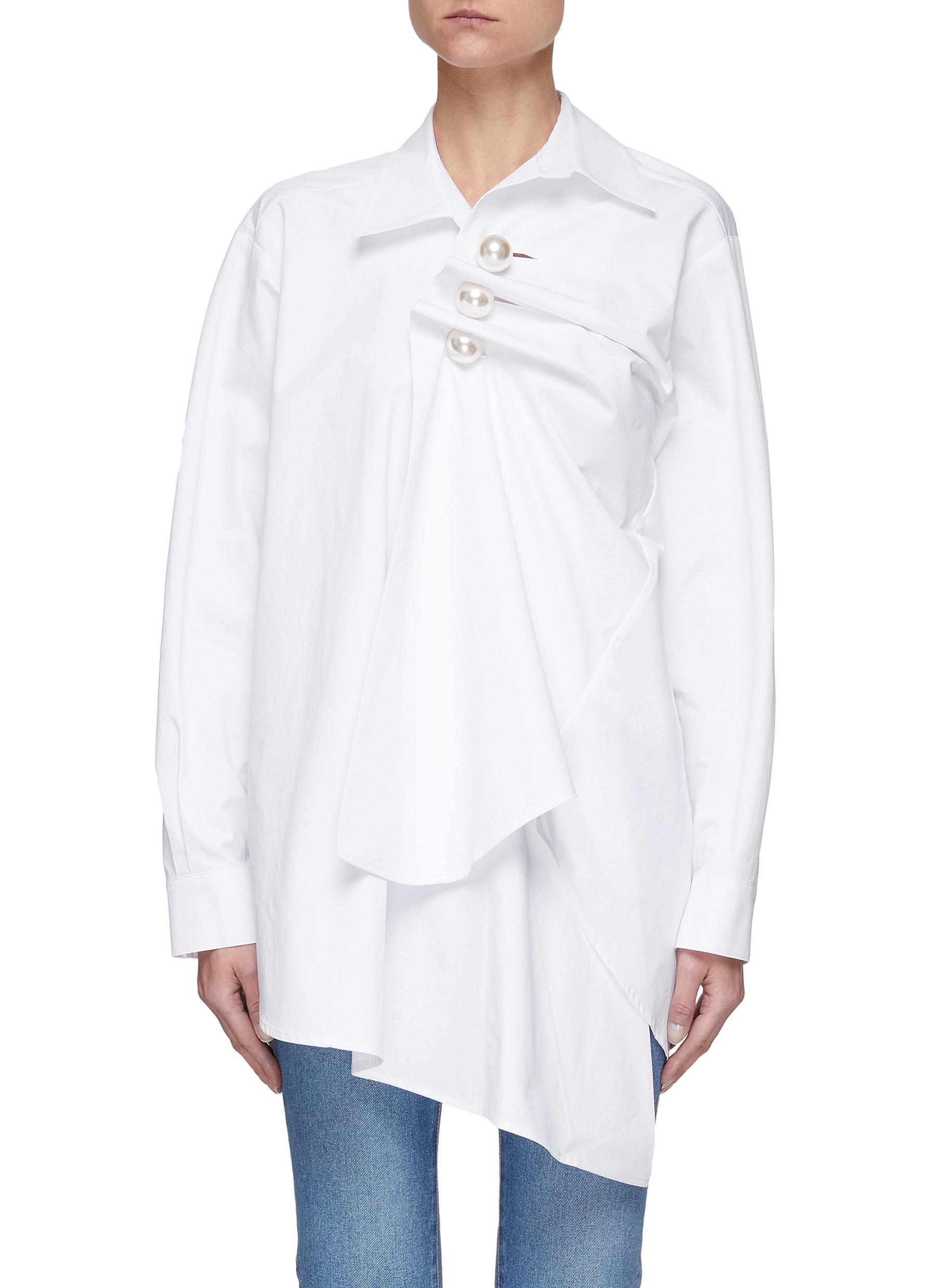 KIMHEKIM 'Venus' Pearl Side Button Drape Detail Cotton Shirt