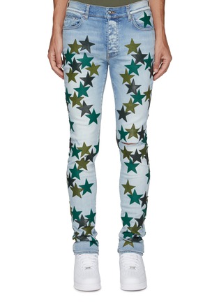 Main View - Click To Enlarge - AMIRI - Leather Star Patch Knee Slit Light Washed Skinny Jeans