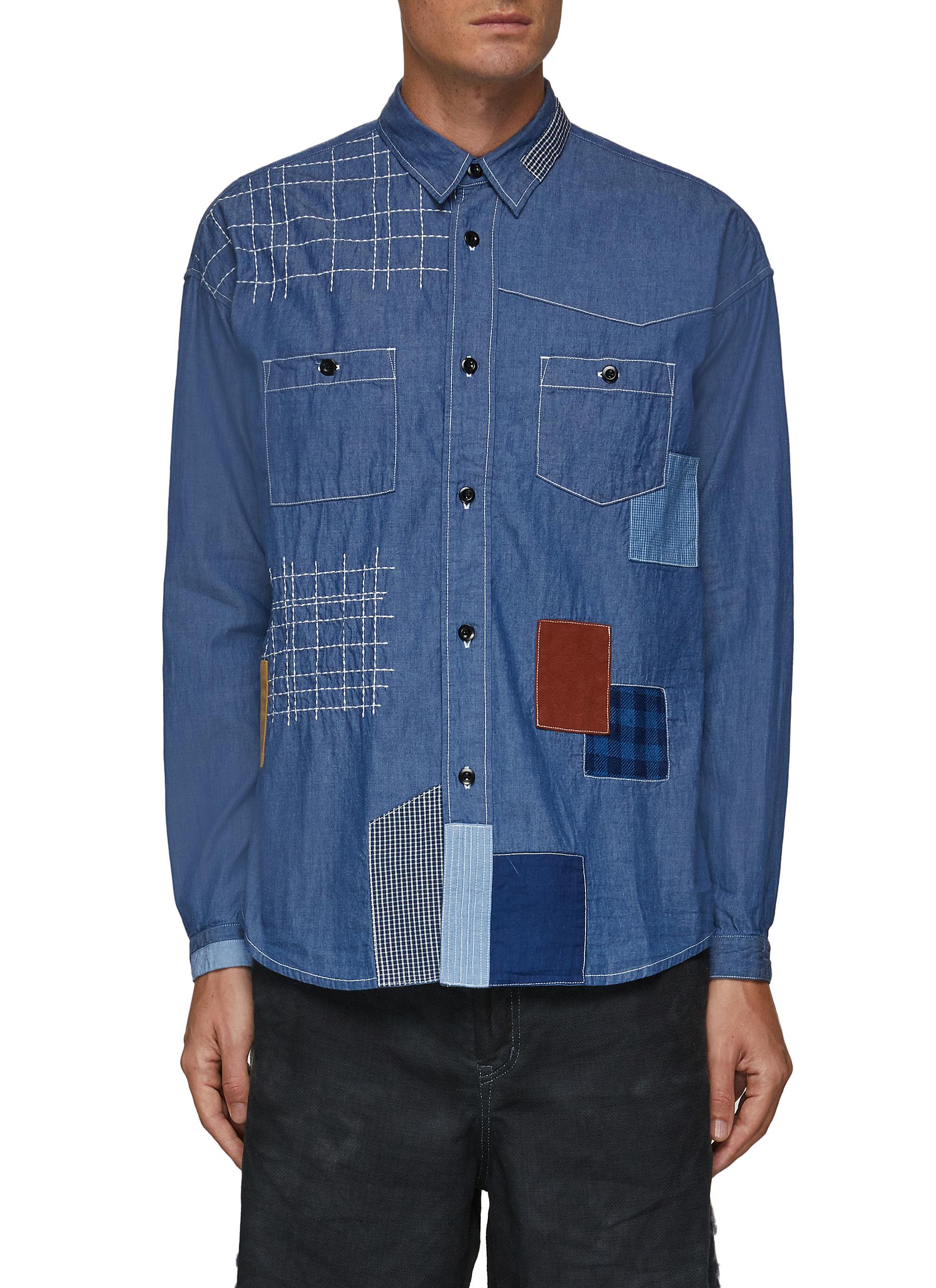 PATCHWORK DETAIL BUTTON UP DENIM SHIRT 