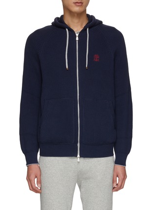 Main View - Click To Enlarge - BRUNELLO CUCINELLI - LOGO PRINT COTTON ZIP-UP HOODIE