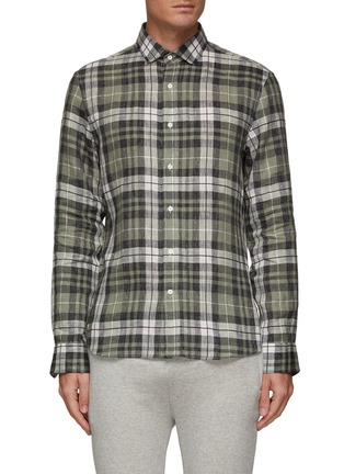 Main View - Click To Enlarge - BRUNELLO CUCINELLI - SPREAD COLLAR LINEN COTTON BLEND CHECKED SHIRT