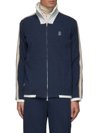Main View - Click To Enlarge - BRUNELLO CUCINELLI - DUAL ZIP FRONT HIGH NECK COTTON BLEND TRACK JACKET